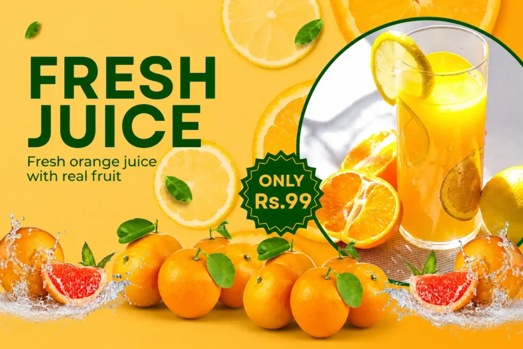 Orange juice poster design by Weezeon IT Solutions showcasing fresh and vibrant beverage branding