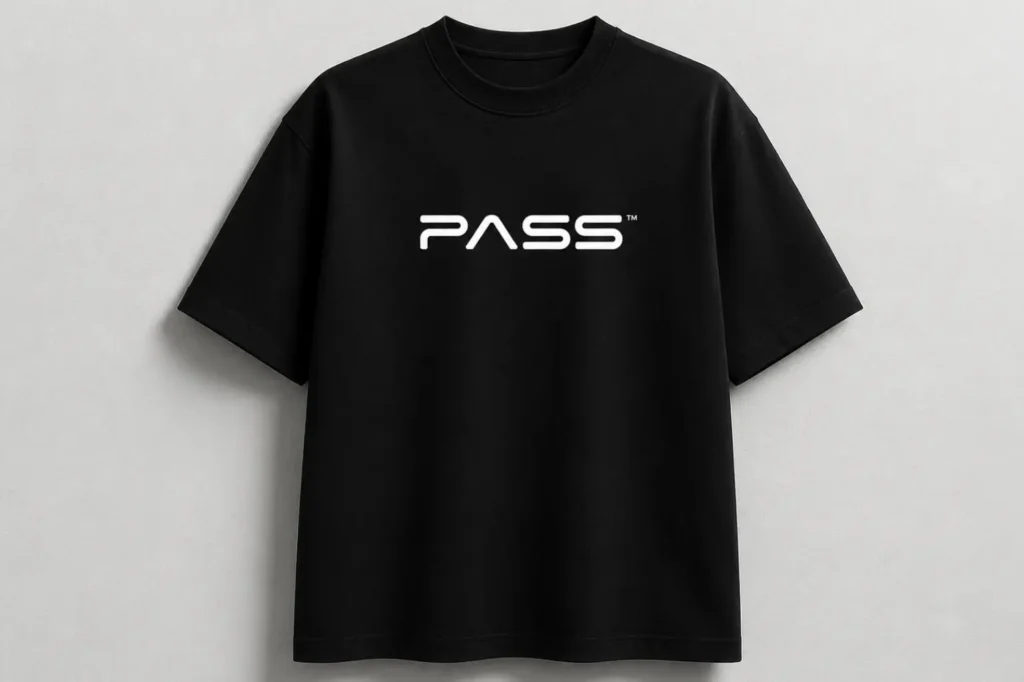 PASS Black T Shirt Model Mockup by Weezeon IT Solution showcasing a premium branded apparel design